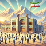 عکس کارتونی حیاط مدرسه پسرانه با دانش آموزان و پرچم ملی ایران و ساختمان یک طبقه و کوه ها و نوشته مدرسه ایران