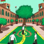 عکس کارتونی حیاط مدرسه پسرانه متوسطه اول با دانش آموزان با معماری ایرانی و نشان های ملی ایران