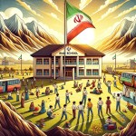 عکس کارتونی حیاط مدرسه پسرانه با دانش آموزان و پرچم ملی ایران و ساختمان یک طبقه و کوه ها و نوشته مدرسه ایران