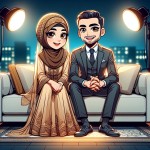 طلا خانم زیبا و محجبه با آقا زمان روی تختی زیبا نشسته و لبخند می زنند