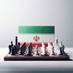 Please give me a high-quality, colorful photo of a chess board on a wooden table with a white background, black pieces on the left and white pieces on the right, and the white pieces in the color of the Iranian flag. The image size is 841 x 594.