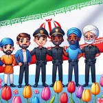 پرچم ایران میان گل های لاله کنارش چند پلیس مهربان ایستاده اند