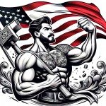 یک مرد قوی هیکل در یک‌ دستش چکش است و دست دیگرش پرچم بزرگی را نگه داشته