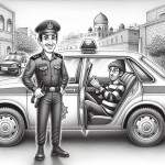 یه پلیس شاد و مهربونم ایرانی در خیابان ایستاده کنارش ماشین پلیس است و یک دزد ناراحت در صندلی عقب نشسته