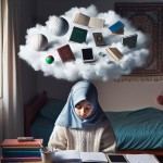 دختر بچه 12 ساله ایرانی باحجاب در اتاقش نشسته ، دفتر مشق و تبلت روی میز هست. ابری بالای سر اوست که درون این ابر یک طرف دفتر مشق و طرف دیگر یک توپ بازی است