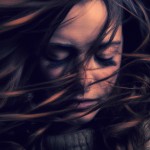 زن با موهای در باد، چشمان بسته (در پریشانی دل موی تو بی‌ تقصیر نیست)