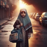 تصویر واقع‌گرایانه از یک دختر ایرانی ۱۲ ساله که در خیابان آرامی در صبح به مدرسه می‌رود. او مقنعه و مانتو شلوار بر تن دارد و  کیف مدرسه را روی دو شانه دارد.