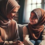 دختر بچه نوجوان 12 ساله ایرانی با حجاب کنار مادرش روی مبل نشسته. و درحال حرف زدن با مادرش هست