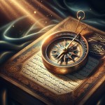 Modern Islamic art style. A detailed antique compass rests on an open book with Arabic text. The glowing golden compass needle points upward, with soft light rays emanating from it. Rich color palette: deep blue, luminous gold, and parchment. Background has faint Arabic calligraphy of "فقه" and "تقلید". Spiritual mood, guiding toward divine knowledge. Balanced composition, timeless yet contemporary. --ar 16:9 --style raw --v 6.0