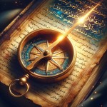 Modern Islamic art style. A detailed antique compass rests on an open book with Arabic text. The glowing golden compass needle points upward, with soft light rays emanating from it. Rich color palette: deep blue, luminous gold, and parchment. Background has faint Arabic calligraphy of "فقه" and "تقلید". Spiritual mood, guiding toward divine knowledge. Balanced composition, timeless yet contemporary. --ar 16:9 --style raw --v 6.0
Persian manuscript style