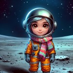 دختر ۱۲ساله پا بر روی کره ماه گذاشته و لباس فضایی پوشیده و روسری نازک زیر کلاه خود دارد و چشمانی کنجکاو و.... دارد