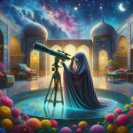 تصویر دختر اولی محجبه می خواهم که با تلسکوپ آسمان را نگاه می‌کند و در حیاط ایرانی که حوض و گل های رنگارنگ دارد و دختر ۱۲ ساله ایرانی هست که با مادرش زندگی می‌کند.