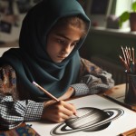 دختر ۱۲ ساله ایرانی که موهایش با روسری پوشیده است و پشت میز کار در اتاقش با مداد رنگی مشغول کشیدن سیاره زحل می باشد