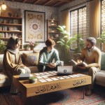 A warm, photorealistic scene of an Iranian family in a cozy living room. A teenage son or daughter sits at a wooden coffee table with a notebook and laptop, presenting ideas to two attentive parents. On the table are small cards labeled “Pros” and “Cons.” The room features a Persian rug, subtle Persian calligraphy wall art, indoor plants, and soft natural light. The family wears modest, modern Iranian clothing. The atmosphere conveys respectful dialogue, collaboration, and cogn