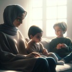 یک مادر ایرانی با حجاب ساده روی مبل نشسته است؛ کنار او پسر و دختر کوچکش به آرامی نشسته‌اند و به دوربین یا هم‌دیگر نگاه می‌کنند. پس‌زمینهٔ دیوار سفید و روشن است؛ نور طبیعی نرم از پنجره می‌آید؛ سبک واقع‌گرایانه، لنز 50mm، عمق میدان کم، رنگ‌های پویا و گرم.
