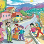 A colorful children's illustration of a small mountain city named Izeh in Khuzestan, Iran. Friendly Bakhtiari villagers in traditional clothes (bright vests, patterned scarves, and wide trousers) smile and talk in a busy street. The scene feels warm and playful, but a little messy, showing people unsure what to do.