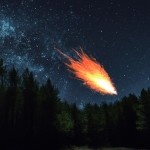 یک تصویر از شهاب سنگی که در حال برخورد به جنگلی بزرگ در شبی پرستاره است که هاله‌های آتش از بغل شهاب سنگ دیده می‌شوند