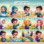 Create a colorful educational poster titled "I'm a clean and healthy child!" in a cute anime-inspired style with soft lighting and lifelike textures. The poster should include 9 illustrated scenes in a grid layout, each showing a hygiene habit performed by elementary school children. Use both boys and girls. Girls must wear hijab and school uniforms. Each scene should include a short caption in Persian (Farsi) and a cheerful background.
Scene 1: A smiling child stands near a lunch table with soa