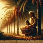 تصویر یک مرد با لباس معمولی در تصویر قبلی لباس بلوچی بود لباس بلوچی نباشد و در ضمن دختر نشسته پای نخل باشد  در حال جمع اوری خرمای رسیده پیارم در سبد که با برگ درخت نخل درست شده باشد  می خواهم تعداد نخل پیارم سه تا باشد و فضا برای نوشتن متن و رباعی در تصویر باشد