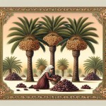 تصویر نخل پیارم که تعداد آن سه تا نخل باشد و مقدار محصول آن کمتر باشد و رنگ خرماها قهوی پر رنگ مایل به مشکی باشد و فضا برای نوشتن متن باشد  که سه تا نخل باشد و خوشه  به صورت گرد باشند و   یک دختر با لباس جنوب ایران یعنی لباس بندری پوشیده در حال جمع آوری خرمای پیارم باشد می خواهم.
