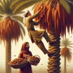 تصویر  یک مرد با لباس معمولی  که در حال بالا رفتن  از درخت خرمای پیارم برای برداشت باشد و یک دختر با لباس محلی بندری پوشیده و با برقعه در حال جمع آوری خرما و گذاشتن در سبدی که با برگ نخل خرما درست شده است می خواهم تعداد نخل پیارم سه تا باشد و فضا برای نوشتن متن و رباعی در تصویر باشد