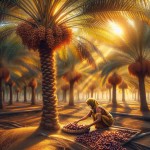 تصویر نخل پیارم در حال برداشت و در پای نخل یک دختر در حال جمع آوری خرمای پیارم باشد می خواهم