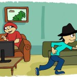 یک پسر در حال تلوزیون‌ دیدن است و یک دزد‌ از پشتش‌ رد میشود