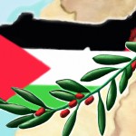 یه شاخه از درخت زیتون  پاک پس زمینه نقشه فلسطین  که به رنگ پرچمش هست با نماد هایی از مبارزه با استکبار جهانی