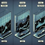 Chart Timeframes "A comparative diagram explaining 'Chart Timeframes' like zooming on a map. Show three small, sequential chart panels: '1-Minute (Detailed)', '1-Hour (Mid-View)', and '1-Day (Big Picture)'. As the view moves from 1-Minute to 1-Day, the price movement line should visually become smoother to illustrate the loss of small details. Use a soft dark background with clean labels and arrows, maintaining a modern, minimalist, and educational aesthetic suitable for a financial audience."
