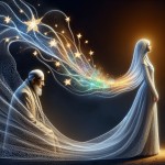 A symbolic digital painting of Islamic modesty. A noble woman (Hazrat Fatima) stands gracefully, her form elegantly draped in a flowing, luminous hijab that seems to be woven from light itself. The fabric of her hijab extends and transforms into delicate, shimmering particles that represent her scent, being carried away by a gentle breeze. Before her, a blind man is depicted not as physically blind, but with his eyes closed in reverence, his face turned towards the shimmering scent particles wit