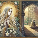 A masterpiece in Persian miniature style, illustrating a moral lesson on hijab. The composition is divided into two parts. On the right, Hazrat Fatima (peace be upon her) is shown behind an intricate architectural lattice screen, her figure modestly covered. Her face is gracefully veiled with a delicate, luminous niqab woven from pure light, obscuring her features in a soft, radiant glow. On the left, a blind man sits in a garden. A graceful, calligraphic line of golden dots and floral patterns