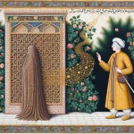 A masterpiece in Persian miniature style, illustrating a moral lesson on hijab. The composition is divided into two parts. On the right, Hazrat Fatima (peace be upon her) is shown behind an intricate architectural lattice screen, her figure modestly covered. On the left, a blind man sits in a garden. A graceful, calligraphic line of golden dots and floral patterns flows from the lattice towards the man, symbolizing the 'fragrant breeze'. His hand is raised gently, acknowledging the scent without