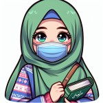 تصویر یک دختر کارتونی محجبه بدون ماسک که کتاب در دست دارد. ب