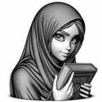 تصویر یک دختر کارتونی محجبه  که کتاب در دست دارد.