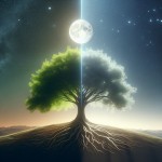 A minimalist and spiritual digital artwork. A single, majestic ancient tree with deep roots and a flourishing canopy, symbolizing eternal love and guidance. One side of the tree is in bright daylight with green leaves, the other side is in serene moonlight with silver leaves, representing "in his life and after his death". The tree is on a small hill under a vast, starry sky. Soft, ethereal glow. Style: Symbolic, clean, profound. --ar 16:9
