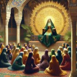 masterpiepainting style. Hazrat Fatima, surrounded by a celestial, golden glow, addresses a gathering of women in an enclosed garden (riwaq). The women are dressed in rich, textured fabrics of deep blues, greens, and burgundies. Their postures and faces show reverence and intense listening. The setting includes architectural elements like Islamic arches, palm trees, and Persian carpets on the ground. The style is reminiscent of old masters like Jean-Léon Gérôme, wit