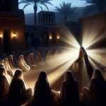 A powerful, cinematic scene in Medina, 7th century Arabia. Hazrat Fatima al-Zahra (peace be upon her) is speaking to a group of women in a serene, date-palm courtyard at dusk. She is enveloped in a soft, divine light that emanates from her, illuminating the faces of the enthralled women around her. The women, dressed in authentic 7th-century Hijazi clothing, are seated in a circle, their faces filled with awe and devotion. In the background, the simple stone and mud-brick houses of Medina are vi