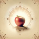 "A serene and beautiful depiction of an apple symbolizing knowledge and love. The apple should be set against a soft, glowing background that conveys warmth and spirituality. Delicate floral elements surround the apple, enhancing its beauty and representing the love and connection to the Ahl al-Bayt (the family of the Prophet). The overall composition should evoke a sense of peac
