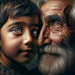 "An extreme close-up,emotionally charged portrait of an Iranian father and son. The frame is filled with their faces; the father's eyes, crinkled with age and kindness, are locked onto his son's, radiating unconditional love and pride. The son's eyes look back with deep trust and admiration. The background is softly blurred, hinting at a warm, domestic setting. The texture of their skin, the strands of their hair, and the raw emotion in their expressions are rendered in hyper-realistic detail. A