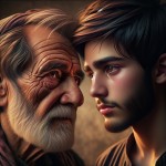 "An extreme close-up,emotionally charged portrait of an Iranian father and son. The frame is filled with their faces; the father's eyes, crinkled with age and kindness, are locked onto his son's, radiating unconditional love and pride. The son's eyes look back with deep trust and admiration. The background is softly blurred, hinting at a warm, domestic setting. The texture of their skin, the strands of their hair, and the raw emotion in their expressions are rendered in hyper-realistic detail. A