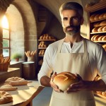 Revised Image Generation Prompt:

Main Subject:

· A wise baker in his 40s, with well-groomed short beard, wearing clean traditional baking attire
· Holding a glowing golden do

· Beautiful traditional bakery with stone arches and wooden shelves
· Golden hour sunlight streaming through window
· Freshly baked breads arranged neatly in background
· Clean, warm, and inviting atmosphe