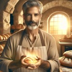 Revised Image Generation Prompt:

Main Subject:

· A wise baker in his 40s, with well-groomed short beard, wearing clean traditional baking attire
· Holding a glowing golden do

· Beautiful traditional bakery with stone arches and wooden shelves
· Golden hour sunlight streaming through window
· Freshly baked breads arranged neatly in background
· Clean, warm, and inviting atmosphe