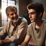"A poignant,photorealistic scene of a handsome Iranian father in his early 40s, with a kind, strong face and a warm smile, gently advising his thoughtful 18-year-old son. Both are dressed in modern, casual clothing (e.g., the father in a simple shirt, the son in a trendy t-shirt). They are sitting in a cozy, contemporary living room with subtle traditional elements like a Persian carpet in the background. Soft evening light from a window illuminates the scene. The father's eyes are filled with i