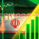 a modern economic poster depicting Iran's economic growth through gas processing, featuring an abstract refinery scene at the bottom, data graphs and rising lines symbolizing growth, golden and green tones, an Iranian flag in the corner glowing, sleek minimal futuristic style