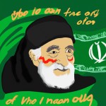 تصویر حاج قاسم سلیمانی با سربند یا زهرا و پرچمی سبز در دست که روی آن نوشته است : رمز پیروزی ما یا زهراست
