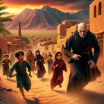 "A dramatic animated-style scene set in ancient Persia, showing a sinister bald man with a dark cloak and intense eyes chasing after a group of orphan children. The children, dressed in simple traditional Persian clothing from centuries ago, are running away in fear, crying and looking back with terrified expressions. The background features an old desert village with mud-brick houses, narrow alleyways, and distant mountains under a dusty orange sunset. Palm trees sway slightly in the wind. No t