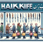 یه مغازه چاقو فروشی بزرگ و مجهز که اسمش فروشگاه چاقو حاکم هست هم روی شیشه و روی مغازه بصورت چلنیوم  بزرگ نوشته شده باشه و توی مغازه شش نفر هم مشتری ایرانی آقا و خانوم در حال خرید باشندو خیلی هم خوشحال و راضی باشند