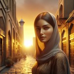 پرتره واقع‌گرایانه از شهرزاد، زن ایرانی در اوایل سه‌ دهه زندگی، با پوشش مدرن و با الهام از فرهنگ ایران، ایستاده در کوچه‌ای قدیمی با نور طلایی غروب، عمق میدان کم و_BACKGROUND مات با چراغ‌های شهر، کیفیت 4K، نسبت نمایش 16:9