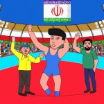 تصویر کودکانه یک کشتی گیر ایرانی که داور مسابقه دستش را بالا برده است. در پس زمینه تصویر، تماشگران و پرچم تیم ایران دیده میشود. کشتی گیر تیم ملی ایران با لباس آبی در مسابقات المپیک میباشد.