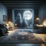 Create a realistic image of a large room with a closed window, the weather outside being stormy. A reading lamp is on next to the window, along with a study desk and chair. The walls of the room are light gray and there’s a Kashan Persian rug on the floor, which is also gray. The atmosphere is such that at night, everyone is asleep, and moonlight fills the room, casting half shadows and half light from the moon. A